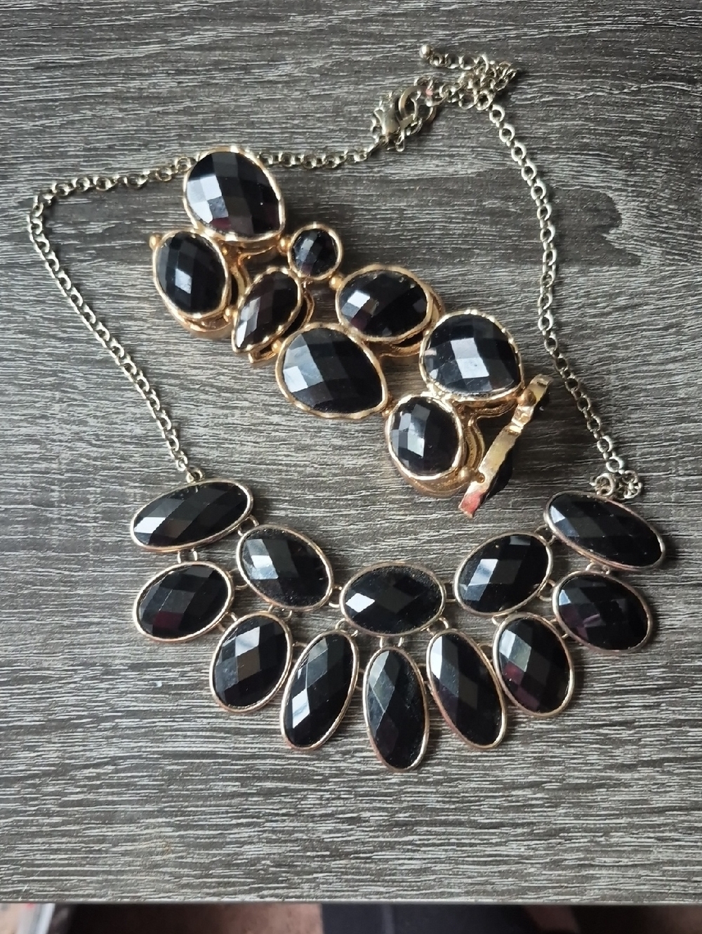 Gold-Tone Black Faceted Statement Necklace and Bracelet Set